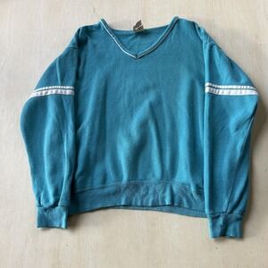 Vintage Bassett Walker Sweatshirt Womens XL Blue V-Neck Fleece Pullover Stripes